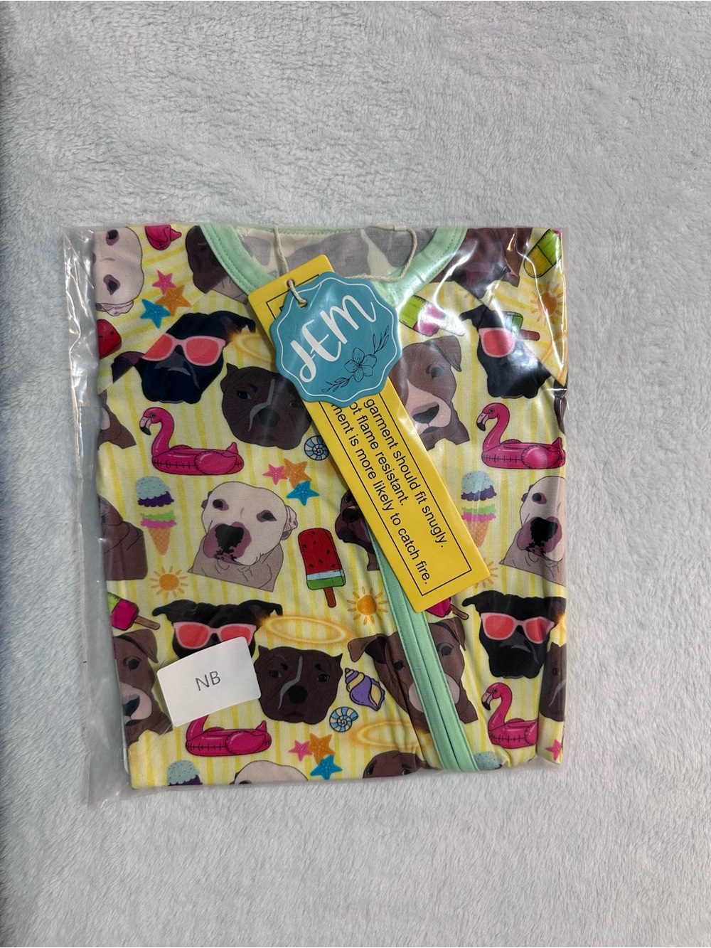 JEM Yellow Puppy Print Zippered Baby Footie with Mint Trim